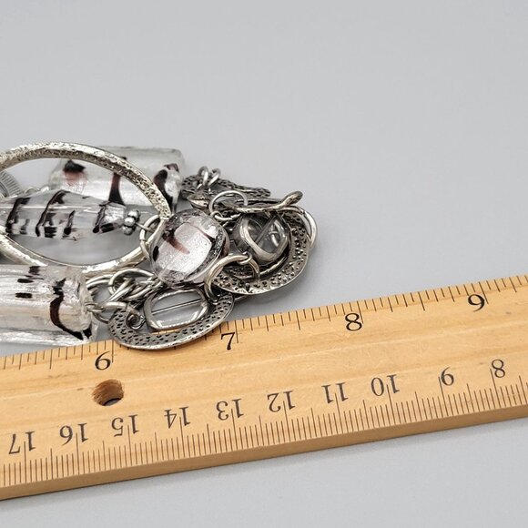 Silver Tone Striped Art Glass Pendant Necklace Linked Interlocking Circles 28" - Picture 10 of 10